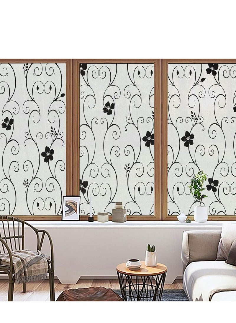 Window Privacy Film Frosted Glass Sun Blocking No Glue Heat Blocker Tinting Static Clings Decorative Stickers Home Bathroom Bedroom Door Coverings, Black Flower(45x 200cm)