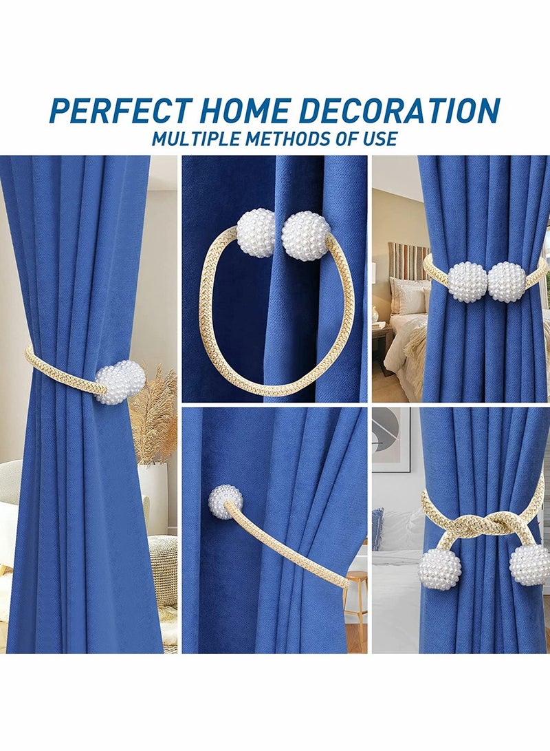 Magnetic Curtain Tiebacks, Convenient Drape Tie Backs, Pearl Decorative Rope Holdback Holder for Home Office Hotel, Window Drapery Deco, No-Install Drill Hook (4 Pcs, Beige)