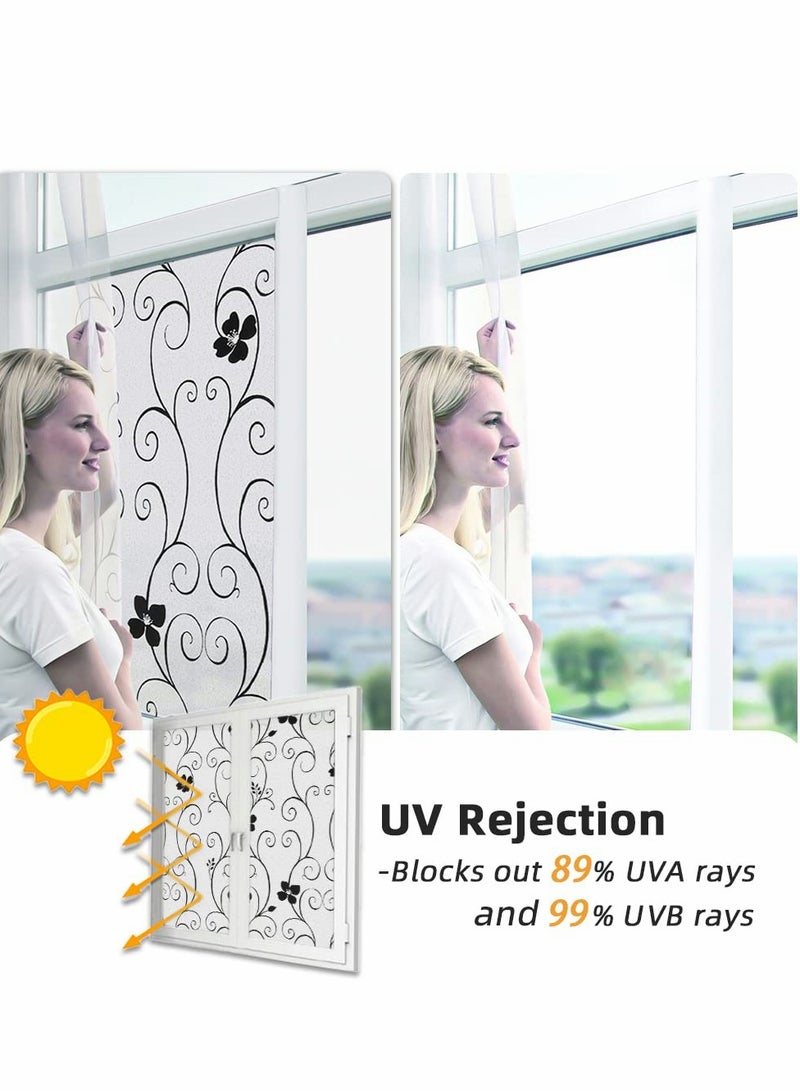 Window Privacy Film Frosted Glass Sun Blocking No Glue Heat Blocker Tinting Static Clings Decorative Stickers Home Bathroom Bedroom Door Coverings, Black Flower(45x 200cm)