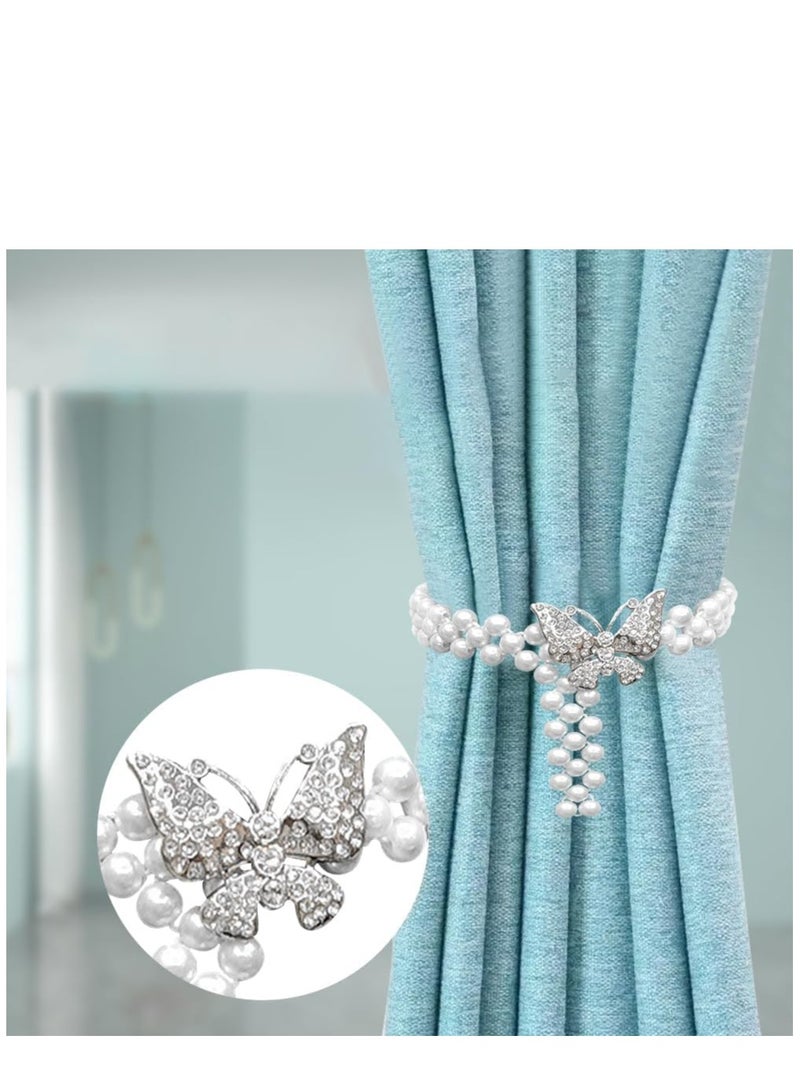 2Pcs Curtain TieBacks, Butterfly Pearl Curtain Decorative Clips Rope Holdbacks Curtain Holder Buckles, Metal TieBacks for Home Office Hotel Window Drape Decorative