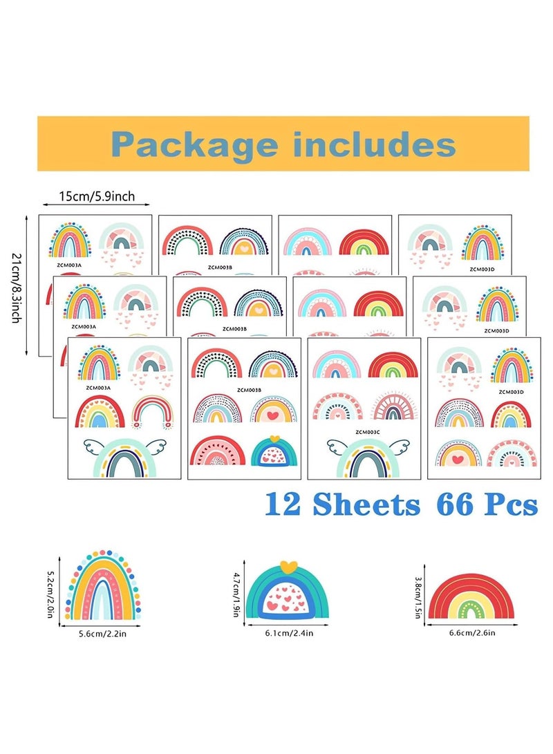 12 Sheets 66 Pcs Colorful Boho Rainbow Wall Stickers, DIY Bohemian Art Wall Decals Removable Vinyl Peel and Stick for Kids Baby Nursery Living Room Bedroom Closet Refrigerator Decorations