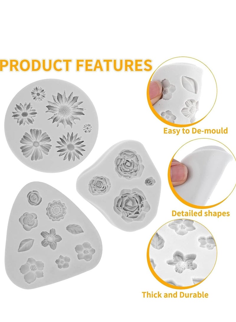 3Pcs Rose Flower Silicone Molds Sunflower Daisy Leaf Polymer Clay for Earring Pendant Crafting Chocolate Fondant Cake Cupcake Toppers