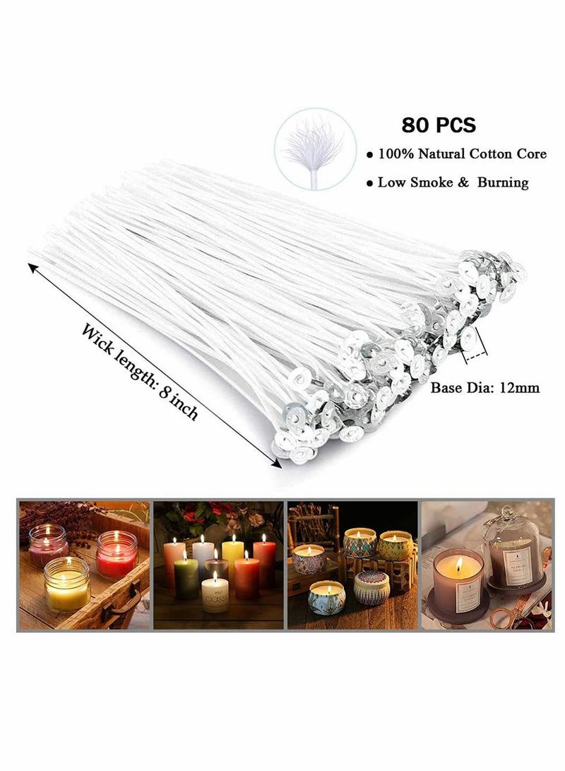 Candle Making Kit, Bulk Candle Wicks 80 Pcs 8 inch with 60Pcs Candle Wick Stickers, 5Pcs Wooden Candle Wick Centering Device and 20 Pcs Metal tabs for Soy Beeswax Candle Making