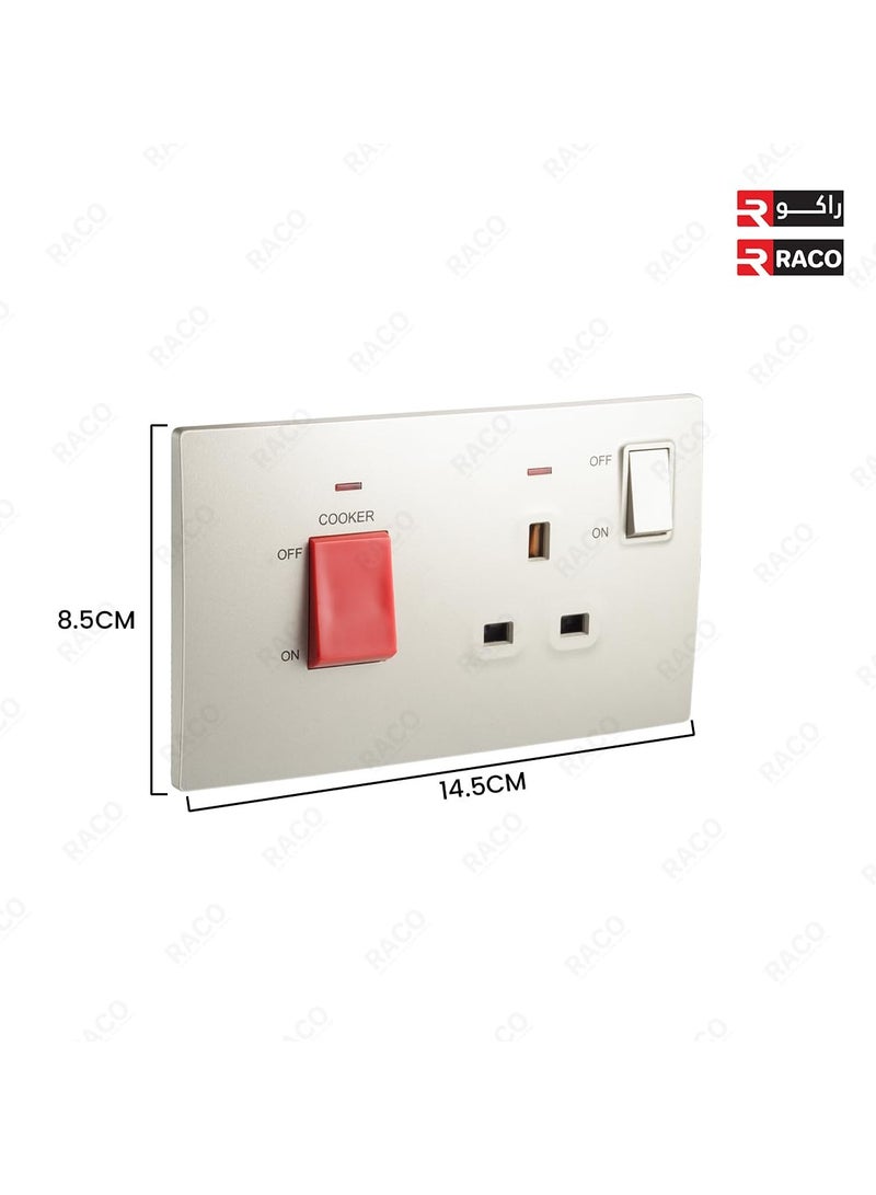 RACO Legrand Mallia Senses 2-Gang Cooker Unit Control - 45A Double Pole Switch and 13A Switched Socket with indicator, Champagne