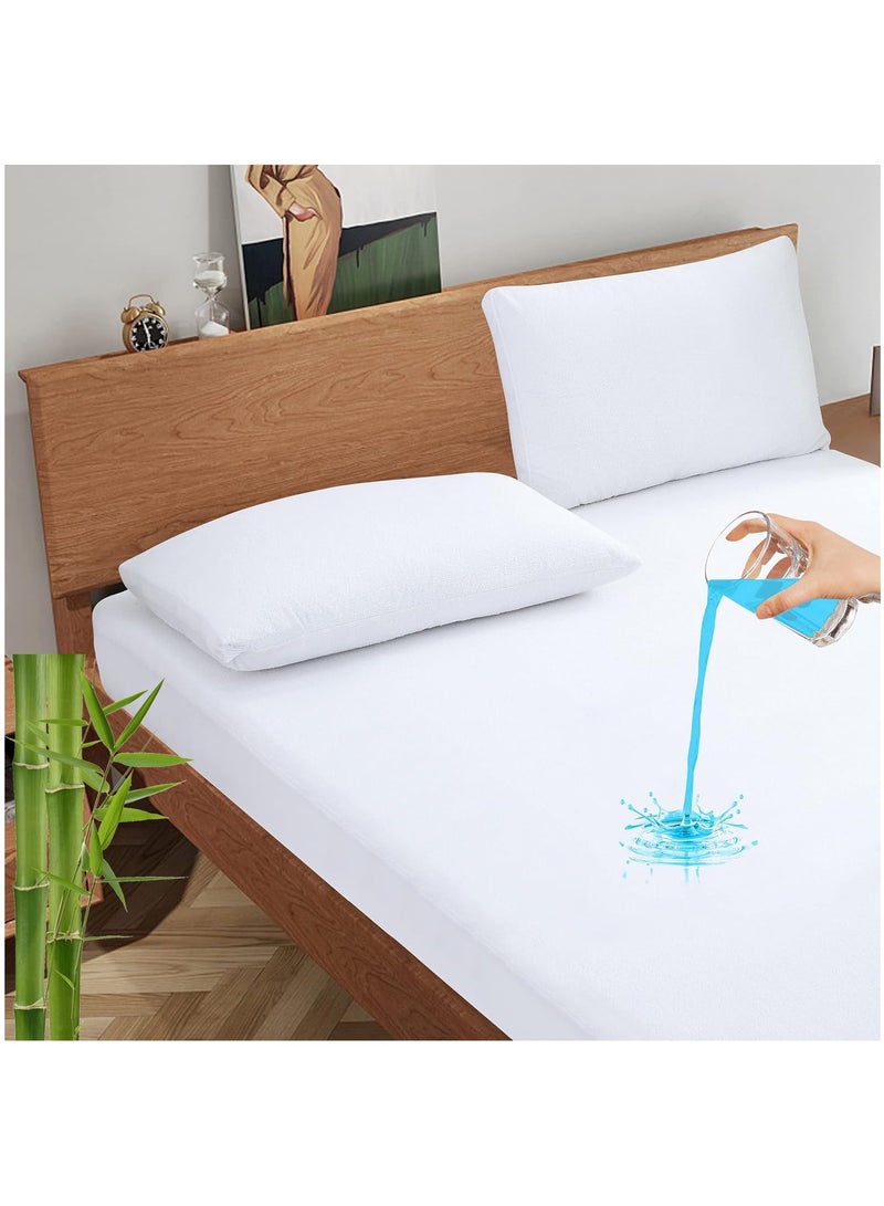 Waterproof Mattress Protector Super King Size 200x200cm Bamboo fiber Cotton Jersey+TPU Pad Cover for Pets Kids Adults Deep Pocket Style 100% Waterproof Mattress Protector Super King Size White