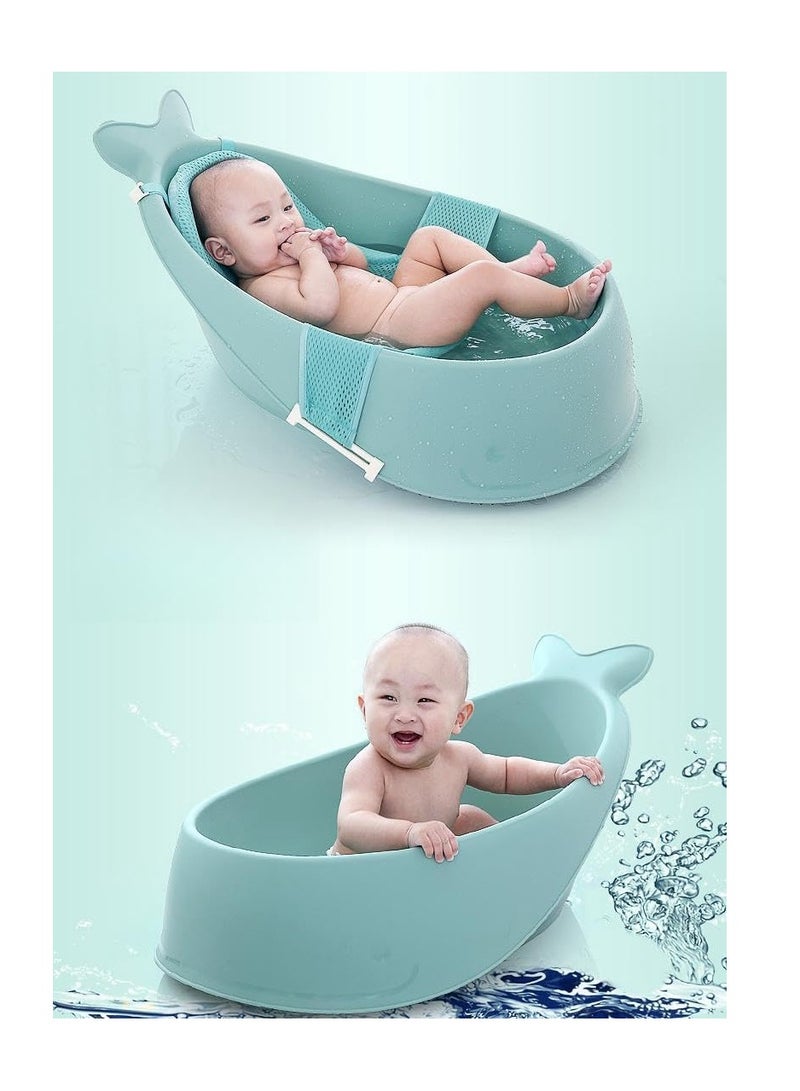 Baby Bath Tub with Bathmat Cushion, Whale Baby Bathtub with Drain Hole, Shower Basin with Non-Slip for Baby Boy Girl