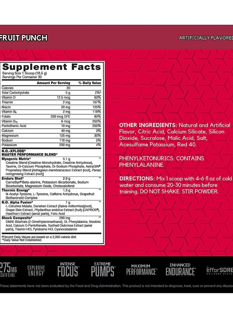 BSN N.O.-XPLODE Pre Workout Powder, Energy Supplement for Men and Women with Creatine and Beta-Alanine - Fruit Punch, 30 Servings