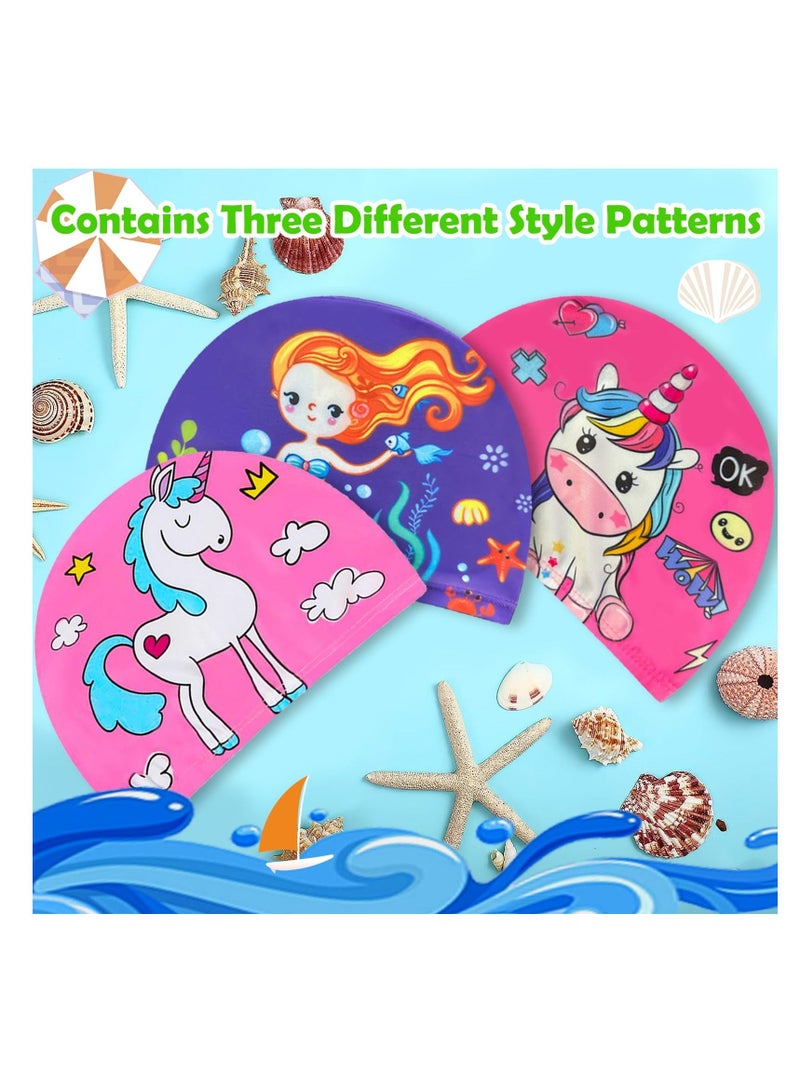 3pcs Unicorns and Mermaids Girls Swimming Cap - Fun and Stylish Polyester Kids Swimming Caps for Long and Short Hair, Ages 4-10