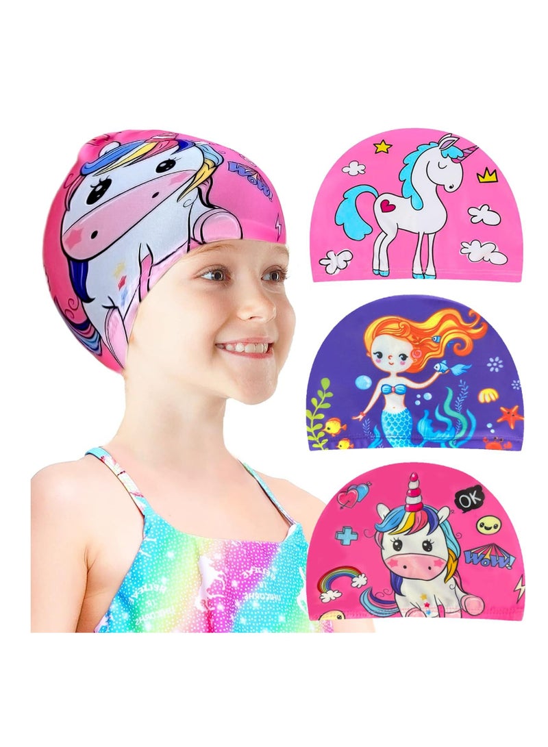 3pcs Unicorns and Mermaids Girls Swimming Cap - Fun and Stylish Polyester Kids Swimming Caps for Long and Short Hair, Ages 4-10