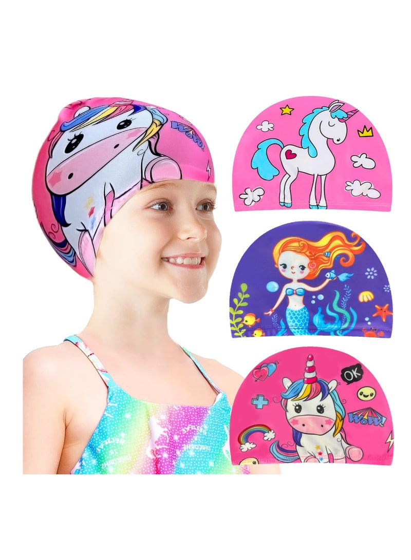 3pcs Unicorns and Mermaids Girls Swimming Cap - Fun and Stylish Polyester Kids Swimming Caps for Long and Short Hair, Ages 4-10