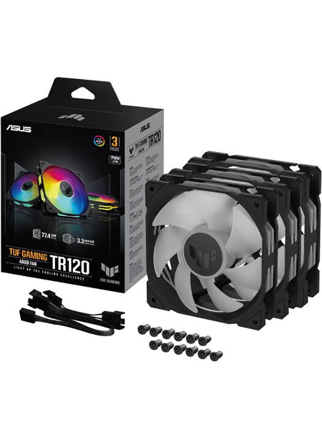 TUF Gaming TR120 ARGB Standarad Blade Fan, 120mm Fans, Up to 2000 rpm Fan Speed, 77.4 CFM Airflow, Aura Sync Compatiblity, PWM Control, Tripple Pack Black