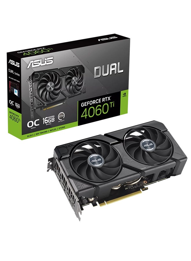 Dual GeForce RTX 4060 Ti EVO OC Graphics Card, 16GB GDDR6 128-Bit Memory, 2595 MHz Boost Clock, 4352 CUDA Cores, 18 Gbps Memory Speed, PCI Express 4.0, 90YV0JH8-M0NA00 Black