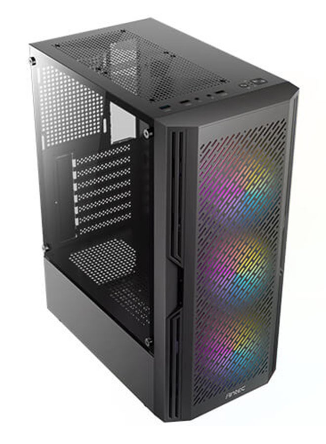 Antec AX20 ATX Mid Tower Case, Black, Tempered Glass Side Panel, Full Side View, Pre-Installed 2x 120mm RGB Fans (Front), 1x 120mm Fan (Rear), 7 Expansion Slots, 240mm Radiator Support, Cable Management System, High-Airflow Design, Supports GPU up to 330mm, PSU Shroud, Easy-Access I/O Ports, Black | AX20