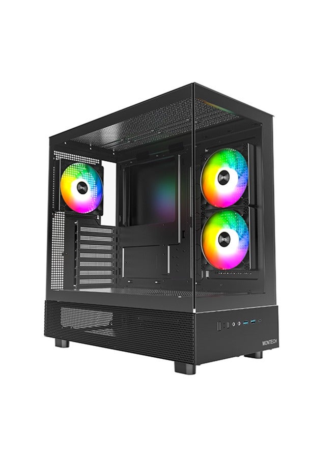 XR-ATX Mid-Tower PC Gaming Case, 3*120mm ARGB PWM Fans Pre-Installed, Full-View Dual Tempered Glass Panel, Wood-Grain Design I/O Interface, 360mm Radiator Support