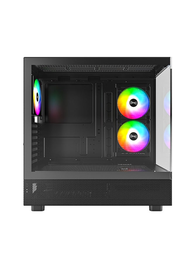 XR-ATX Mid-Tower PC Gaming Case, 3*120mm ARGB PWM Fans Pre-Installed, Full-View Dual Tempered Glass Panel, Wood-Grain Design I/O Interface, 360mm Radiator Support