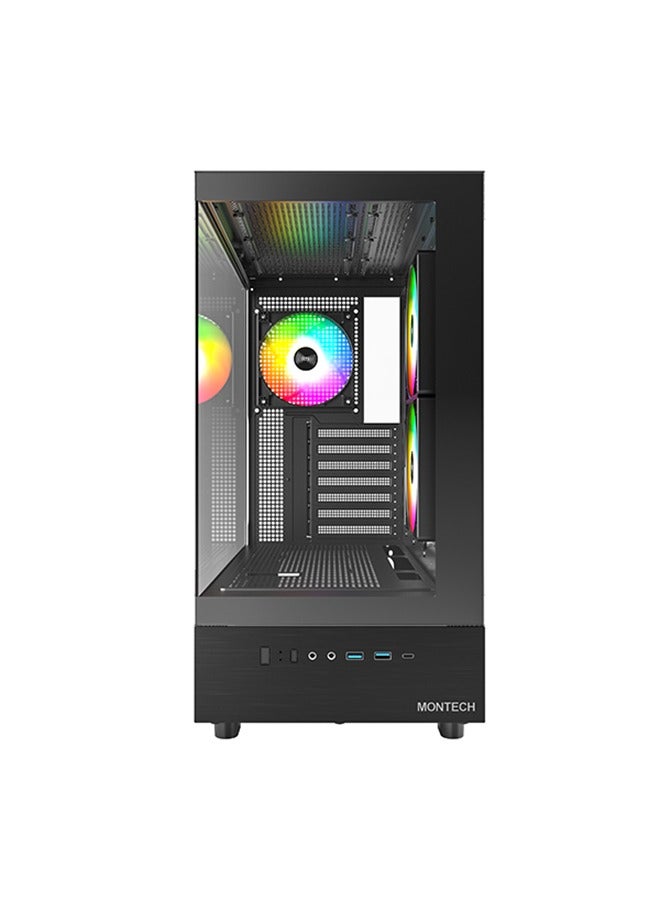 XR-ATX Mid-Tower PC Gaming Case, 3*120mm ARGB PWM Fans Pre-Installed, Full-View Dual Tempered Glass Panel, Wood-Grain Design I/O Interface, 360mm Radiator Support