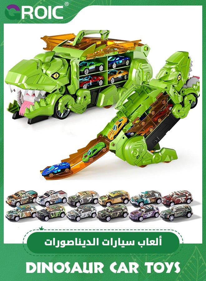 Transporter Dinosaur Truck Toy with 12 Diecast Racing Cars, Monster Truck Carrier Set Transforms into Dino with Race Track, Toddler Toys Gifts for Kids, Dino Transport Car with Wings and Handle