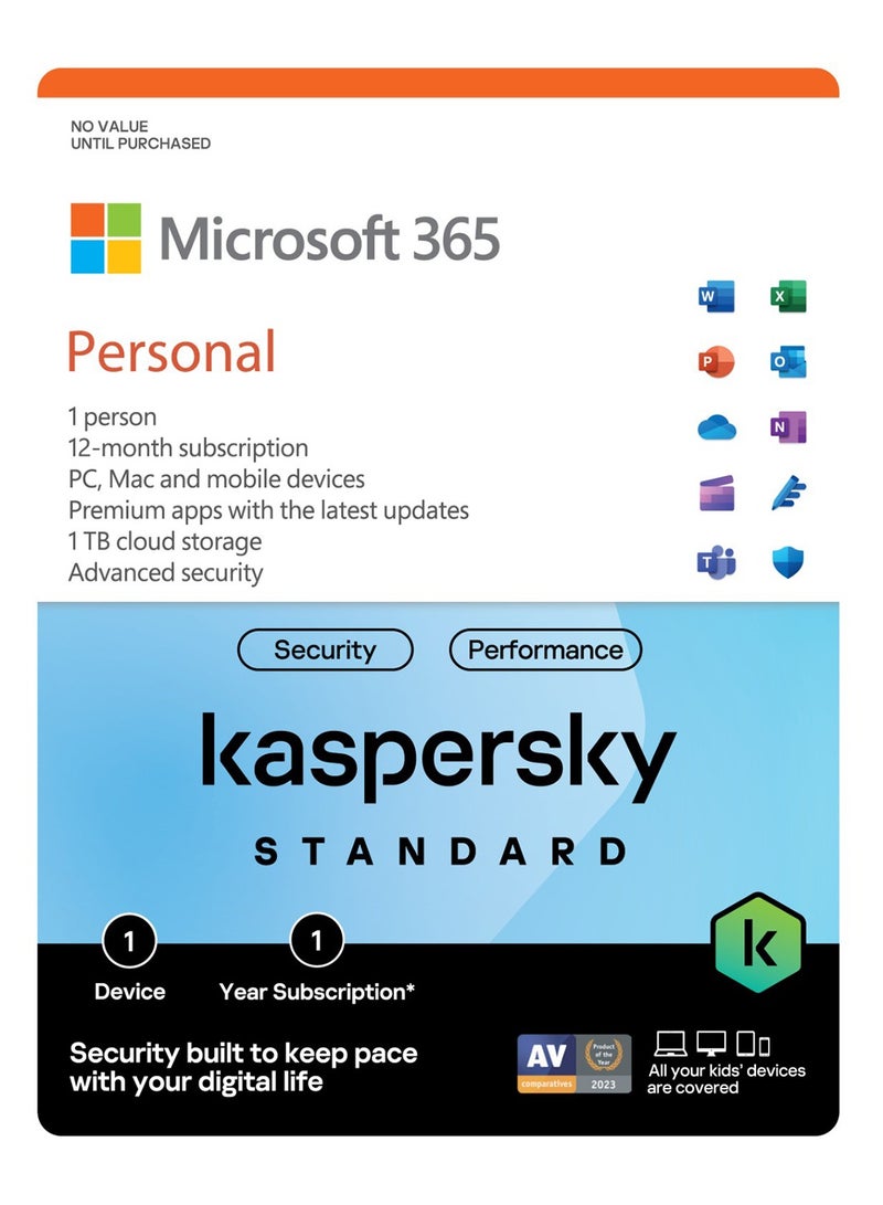 Bundle MS Office /Kaspersky 2024 M365 Personal P10/Standard 1device /1year PTR UAE