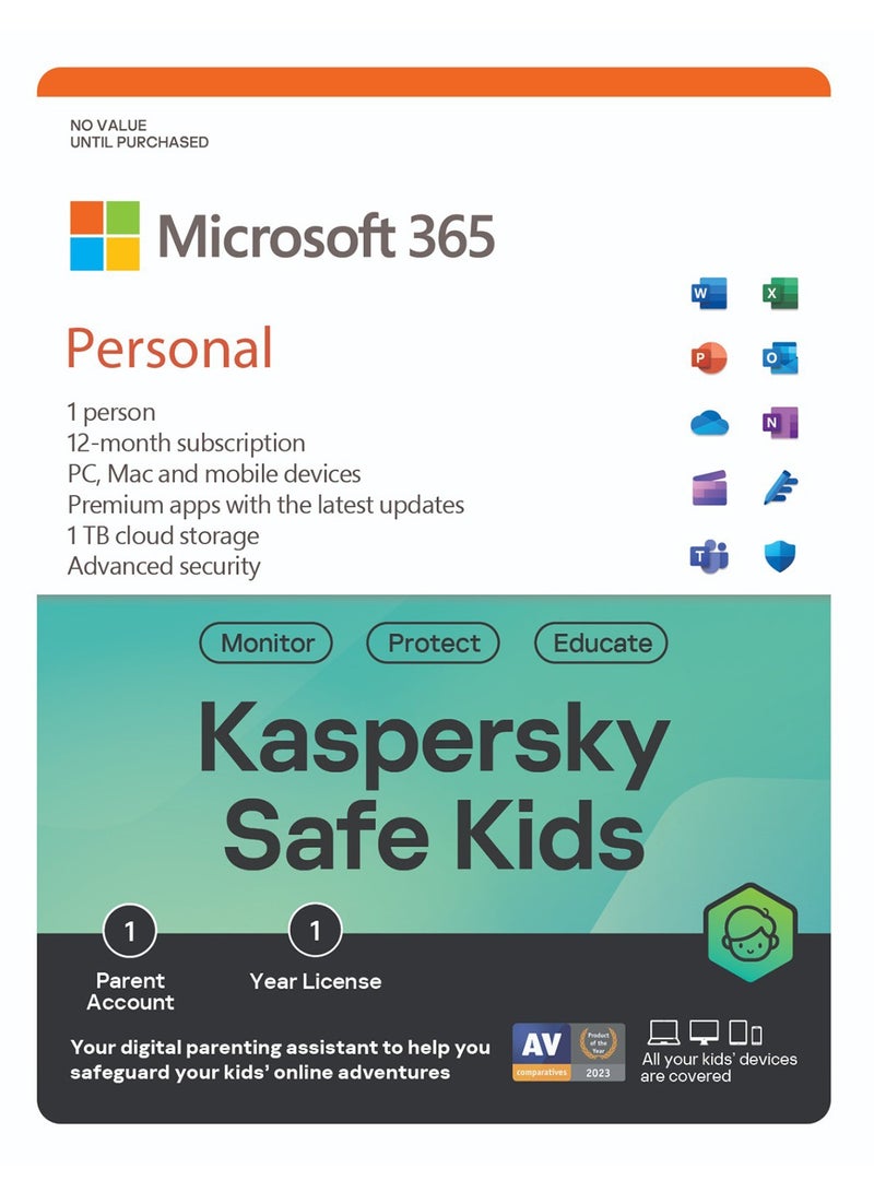 Bundle MS Office /Kaspersky 2024 M365 Personal P10/Safe Kids 1User /1year PTR UAE