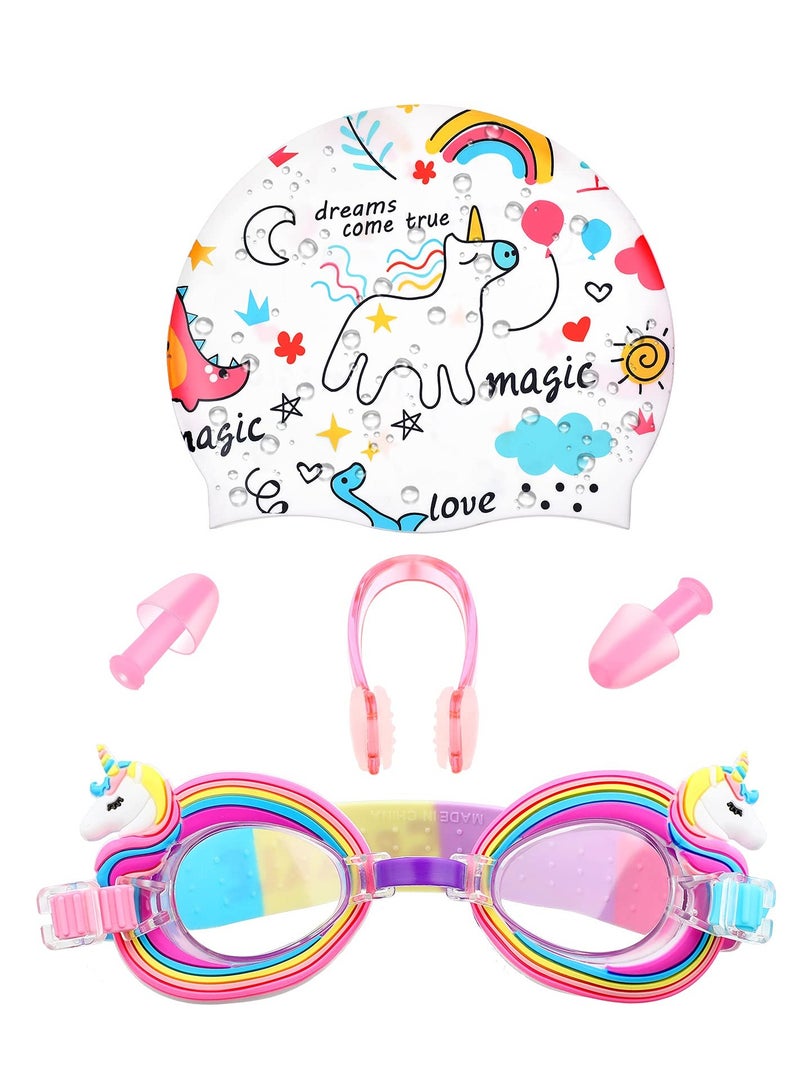 Children's Swimming Set - 5 Silicone Swim Caps, Goggles, Nose Clips, and Ear Plugs in Cute Cartoon Designs for Girls Aged 3-12 Years - Perfect Underwater Gear for Young Swimmers.