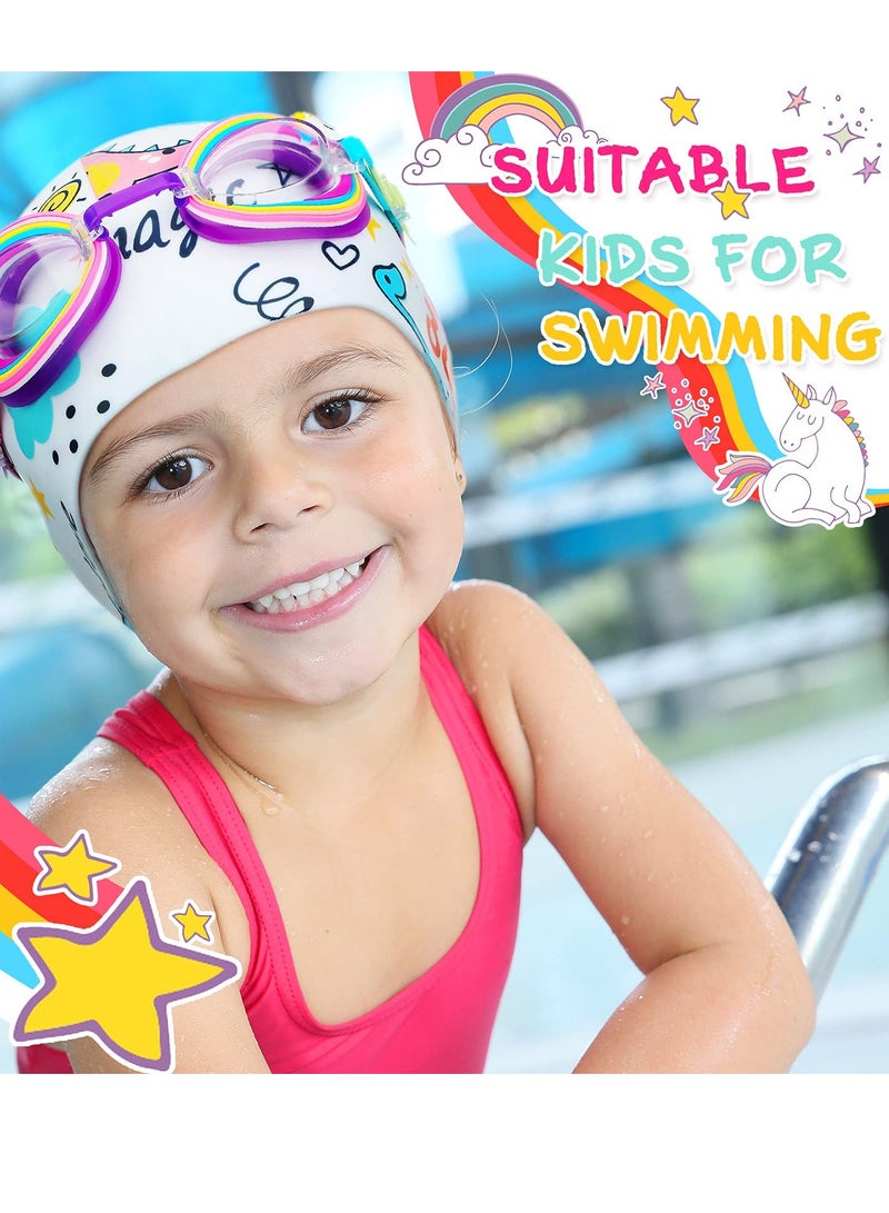 Children's Swimming Set - 5 Silicone Swim Caps, Goggles, Nose Clips, and Ear Plugs in Cute Cartoon Designs for Girls Aged 3-12 Years - Perfect Underwater Gear for Young Swimmers.