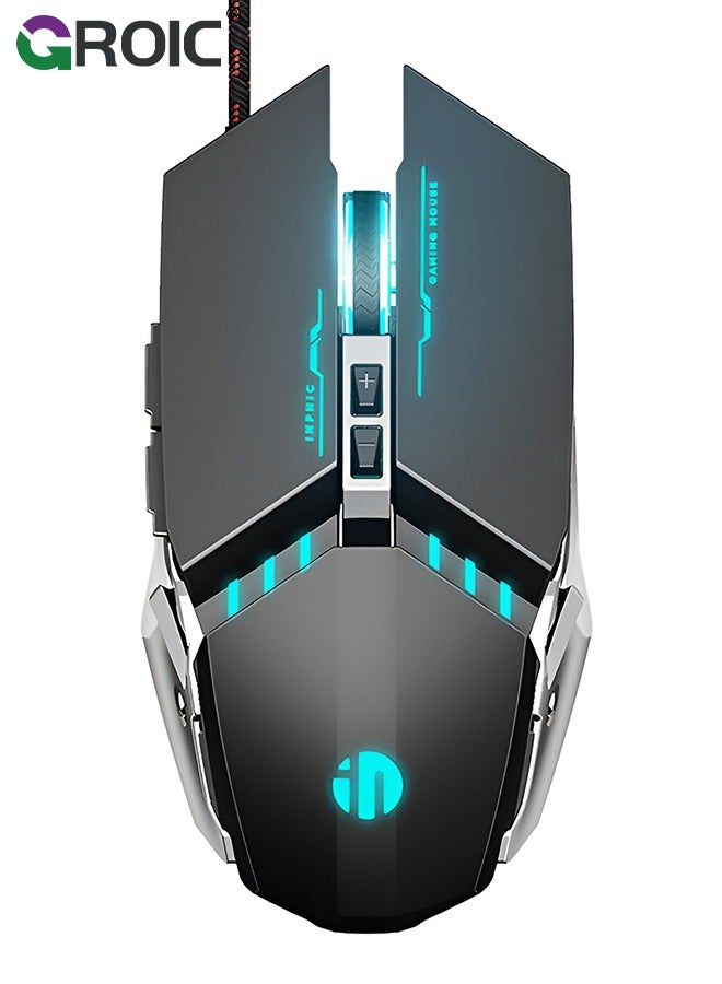 Grey Wired Gaming Mouse, LED Wired Optical Silent Mouse, Ergonomic Handle, 3 DPI Adjustable for MAC/PC/Notebook/Computer