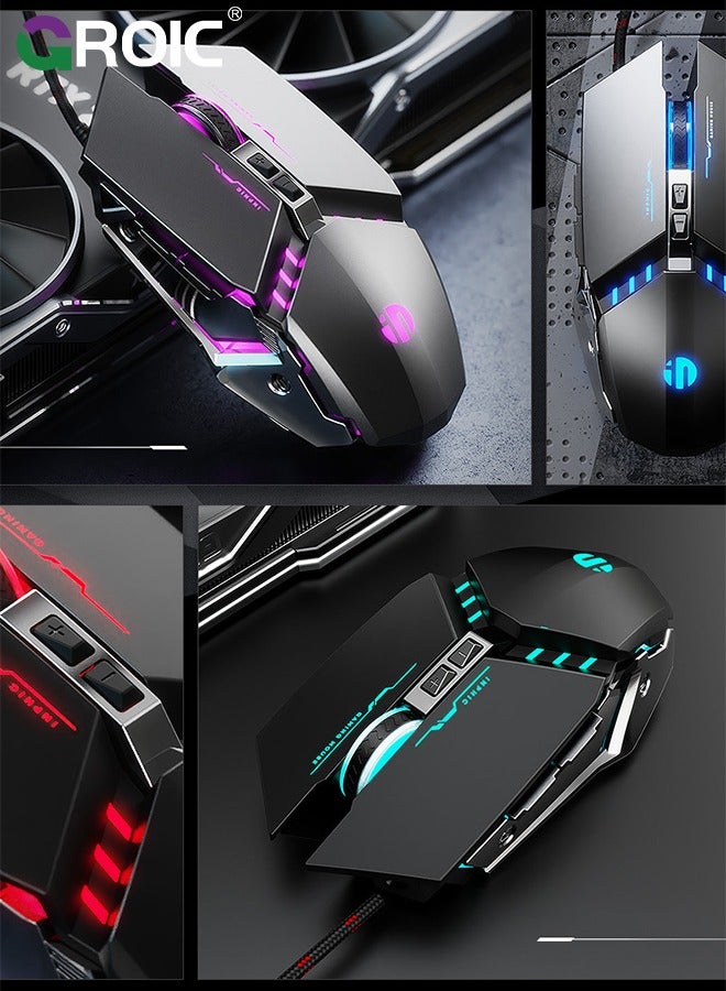 Grey Wired Gaming Mouse, LED Wired Optical Silent Mouse, Ergonomic Handle, 3 DPI Adjustable for MAC/PC/Notebook/Computer