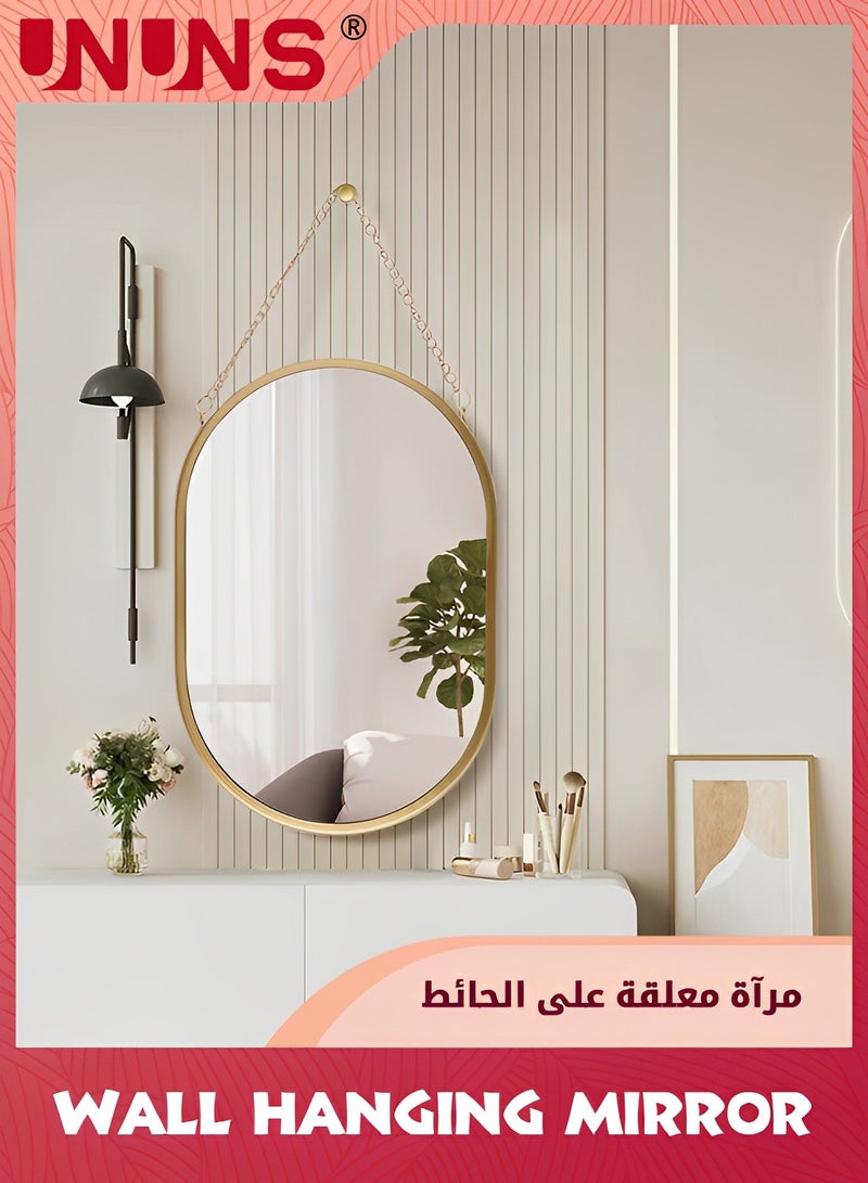 Gold Hanging Mirror with Chain,24.5x49.5CM Rustic Wall Decor For Bathroom,Entry,Dining Room,and Living Room,Metal Rectangle Vanity Mirror,Decorative Mirror