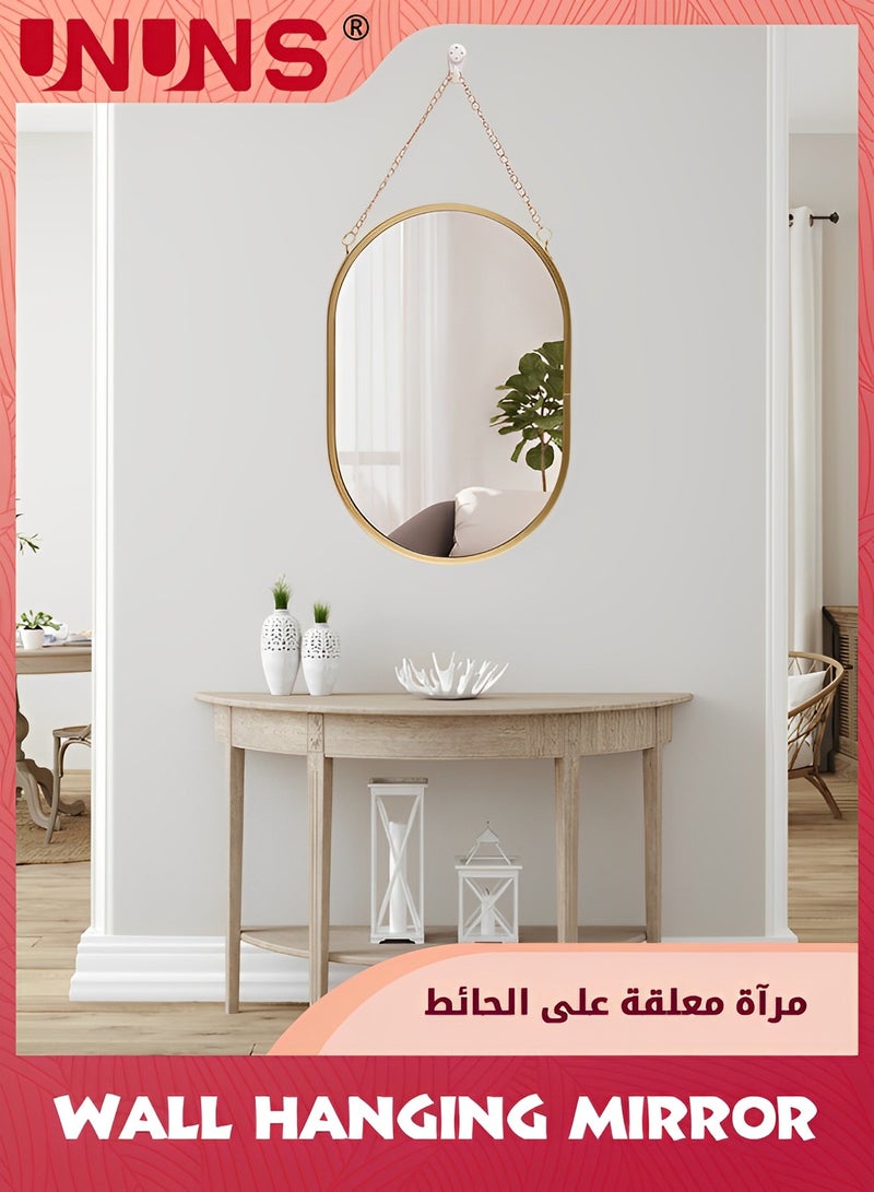 Gold Hanging Mirror with Chain,24.5x49.5CM Rustic Wall Decor For Bathroom,Entry,Dining Room,and Living Room,Metal Rectangle Vanity Mirror,Decorative Mirror