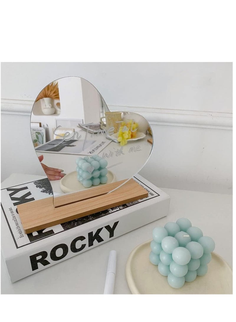 Irregular Aesthetic Vanity Frameless Heart Mirror Concise Style Room Décor Desktop Frameless Mirror Acrylic Mirrors with Wooden Stand and Cute Stickers for Bedroom Living Room