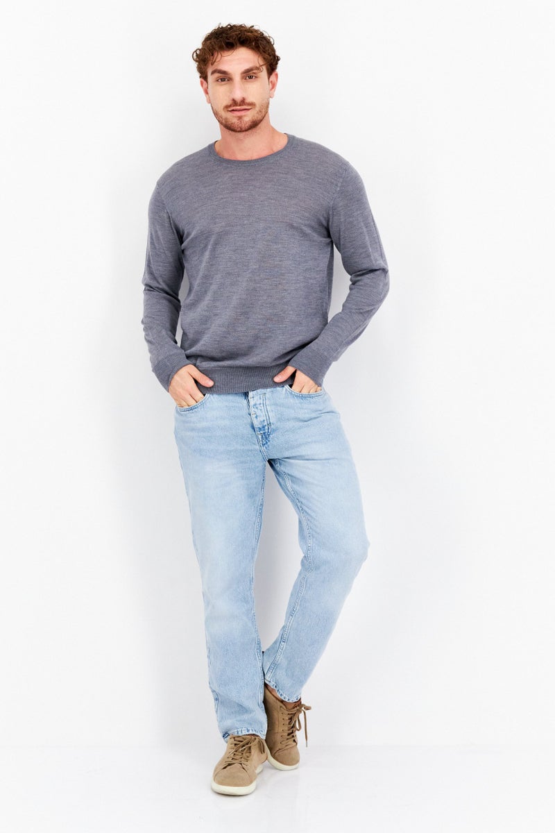 Men Round Neck Plain Long Sleeve  Sweaters, Grey