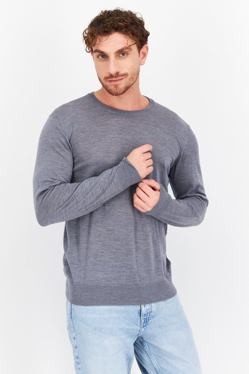 Men Round Neck Plain Long Sleeve  Sweaters, Grey