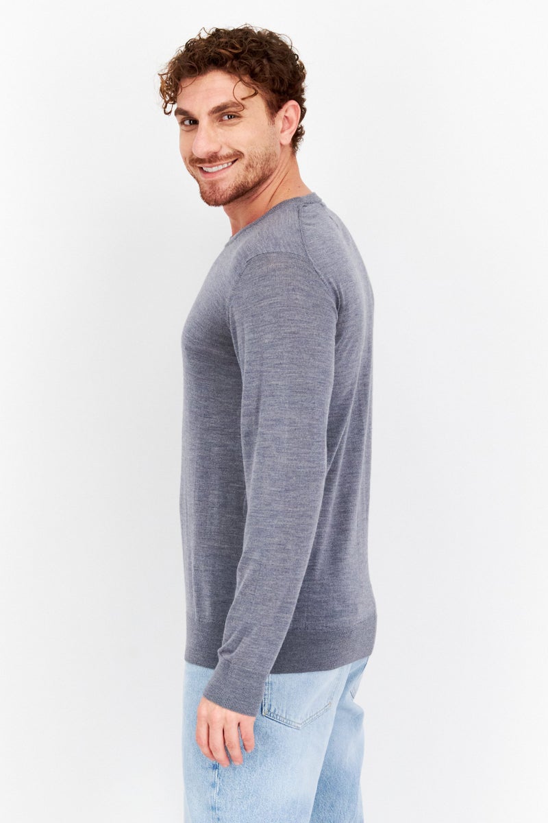 Men Round Neck Plain Long Sleeve  Sweaters, Grey