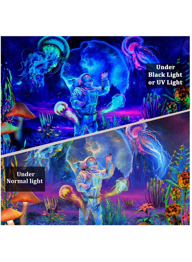 Tapestry Wall Hanging, Astronaut& Jellyfish, Glow under UV Light, Tapestry for Bedroom Aesthetic, Home Decoration Living Room, Study, Party, Preppy Room Decor, 130×150cm