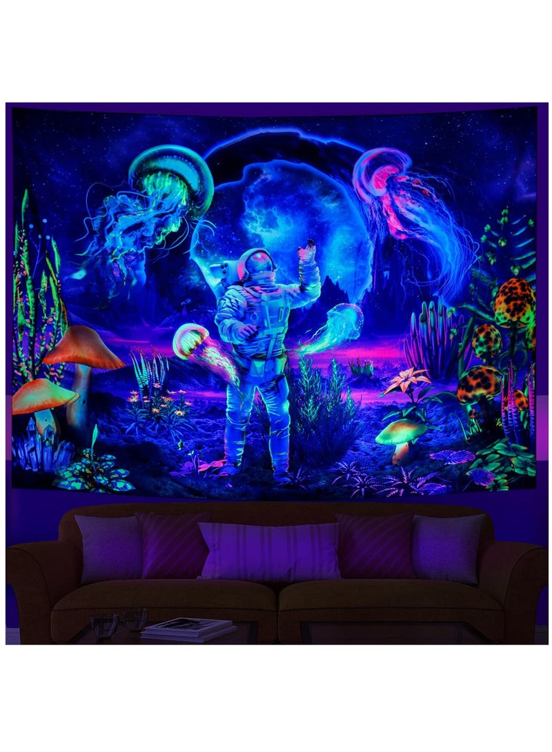Tapestry Wall Hanging, Astronaut& Jellyfish, Glow under UV Light, Tapestry for Bedroom Aesthetic, Home Decoration Living Room, Study, Party, Preppy Room Decor, 130×150cm