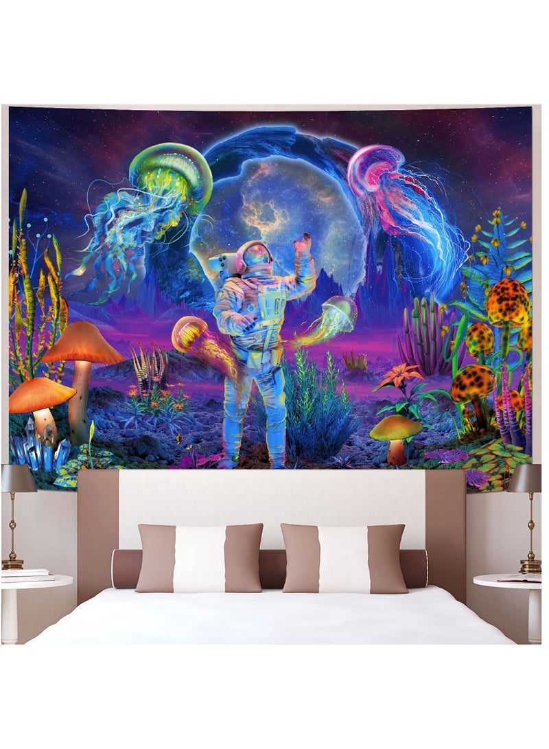 Tapestry Wall Hanging, Astronaut& Jellyfish, Glow under UV Light, Tapestry for Bedroom Aesthetic, Home Decoration Living Room, Study, Party, Preppy Room Decor, 130×150cm