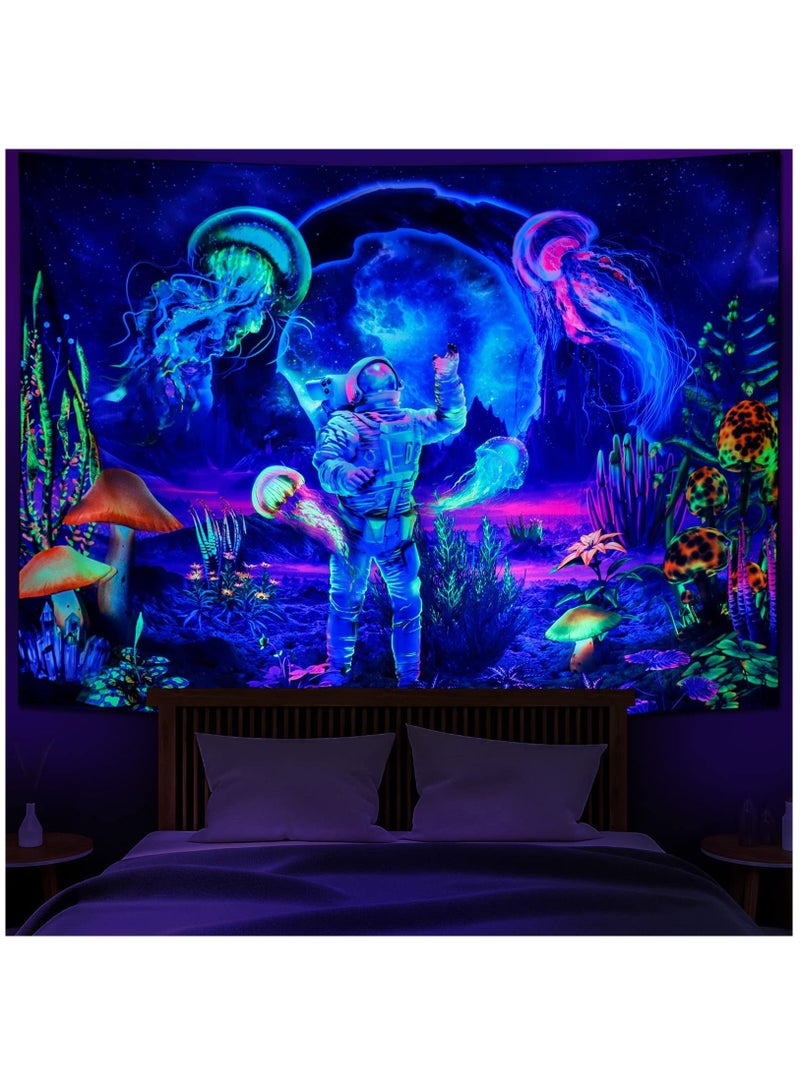 Tapestry Wall Hanging, Astronaut& Jellyfish, Glow under UV Light, Tapestry for Bedroom Aesthetic, Home Decoration Living Room, Study, Party, Preppy Room Decor, 130×150cm