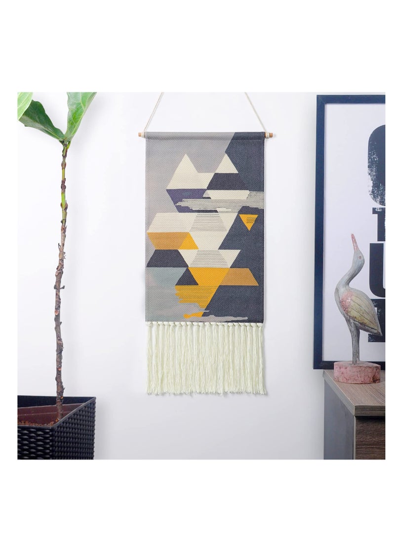 Macrame Woven Wall Hanging Tapestry Gray & Blue Geometric Home Decor Boho Chic Art Decor Bohemian Wall Art for Apartment Dorm Room Wedding Backdrop (Grey-Geometry)
