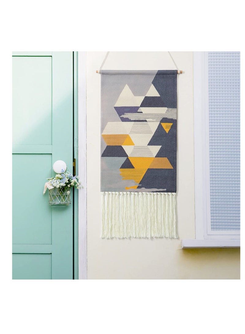 Macrame Woven Wall Hanging Tapestry Gray & Blue Geometric Home Decor Boho Chic Art Decor Bohemian Wall Art for Apartment Dorm Room Wedding Backdrop (Grey-Geometry)