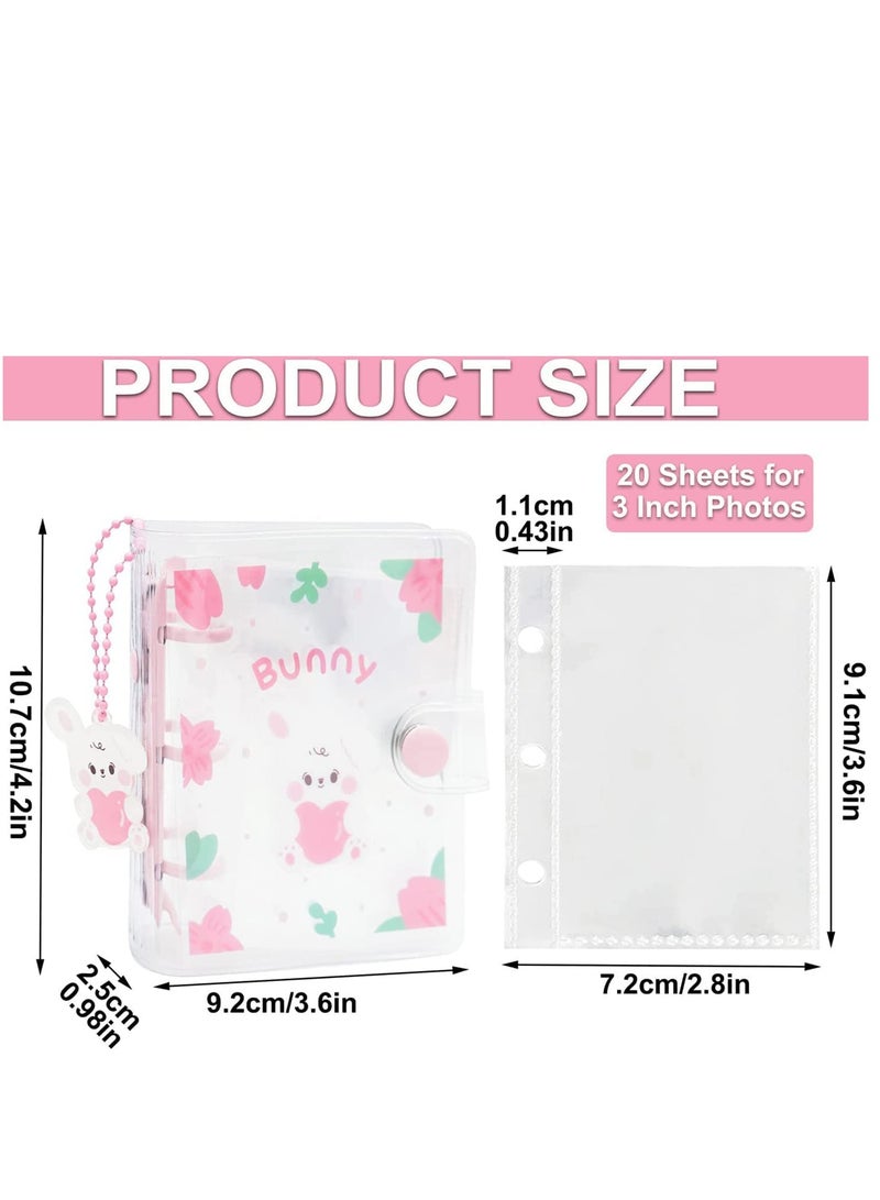 20 Sheets 40 Pockets 3 Inch Mini Photo Album In Loose Leaf Refillable 3-Rings Transparent Photocard Binder Kpop Holder Book With Cute Pendant For Picture Cards Storage Pink Rabbit