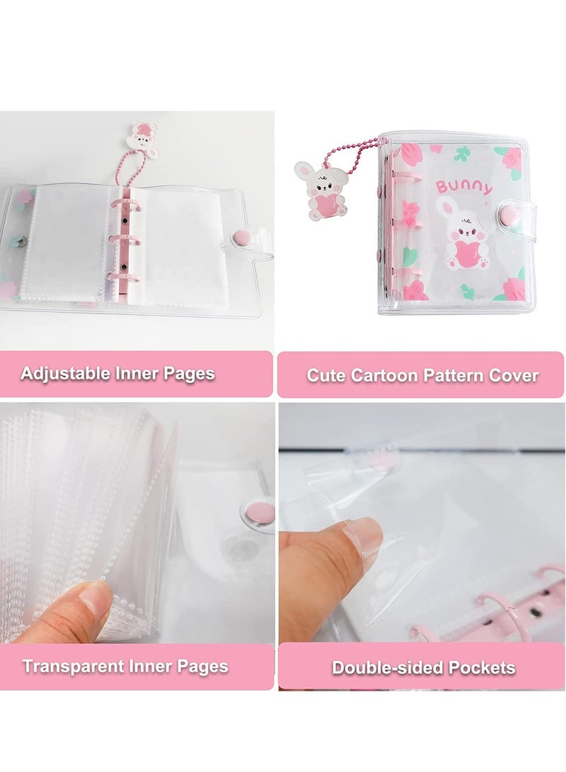 20 Sheets 40 Pockets 3 Inch Mini Photo Album In Loose Leaf Refillable 3-Rings Transparent Photocard Binder Kpop Holder Book With Cute Pendant For Picture Cards Storage Pink Rabbit