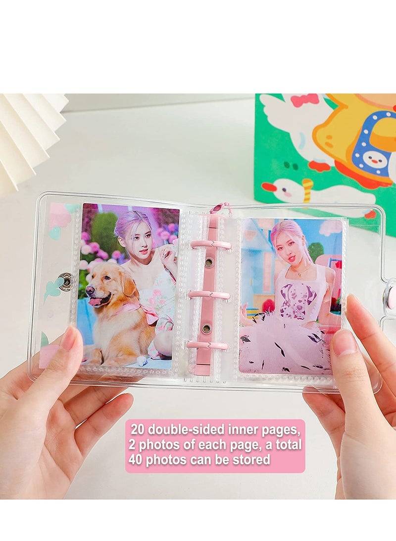 20 Sheets 40 Pockets 3 Inch Mini Photo Album In Loose Leaf Refillable 3-Rings Transparent Photocard Binder Kpop Holder Book With Cute Pendant For Picture Cards Storage Pink Rabbit