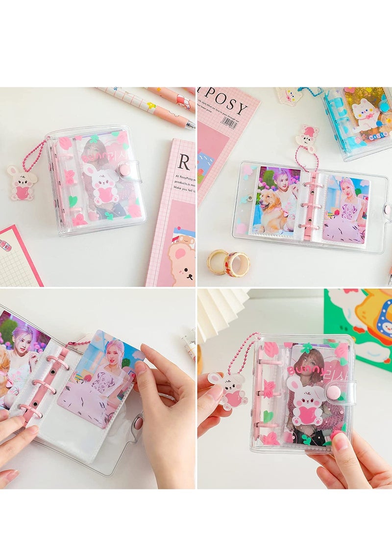 20 Sheets 40 Pockets 3 Inch Mini Photo Album In Loose Leaf Refillable 3-Rings Transparent Photocard Binder Kpop Holder Book With Cute Pendant For Picture Cards Storage Pink Rabbit