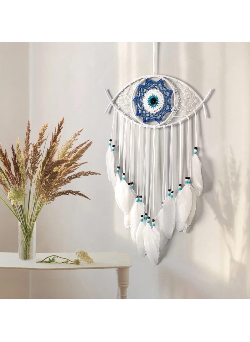 Evil Eye Dream Catcher, White Dream Catchers, Handmade Macrame Evil Eye Wall Hanging for Boho Room House Decor, Blessing Craft Gift Bring Good Luck