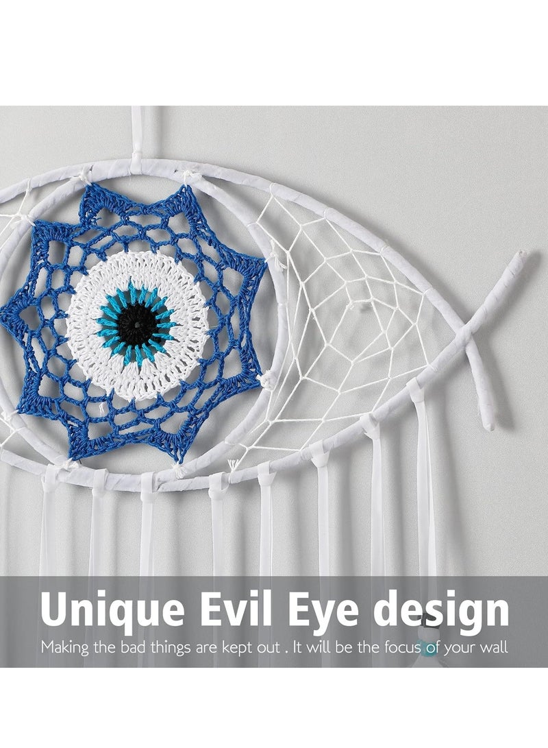 Evil Eye Dream Catcher, White Dream Catchers, Handmade Macrame Evil Eye Wall Hanging for Boho Room House Decor, Blessing Craft Gift Bring Good Luck