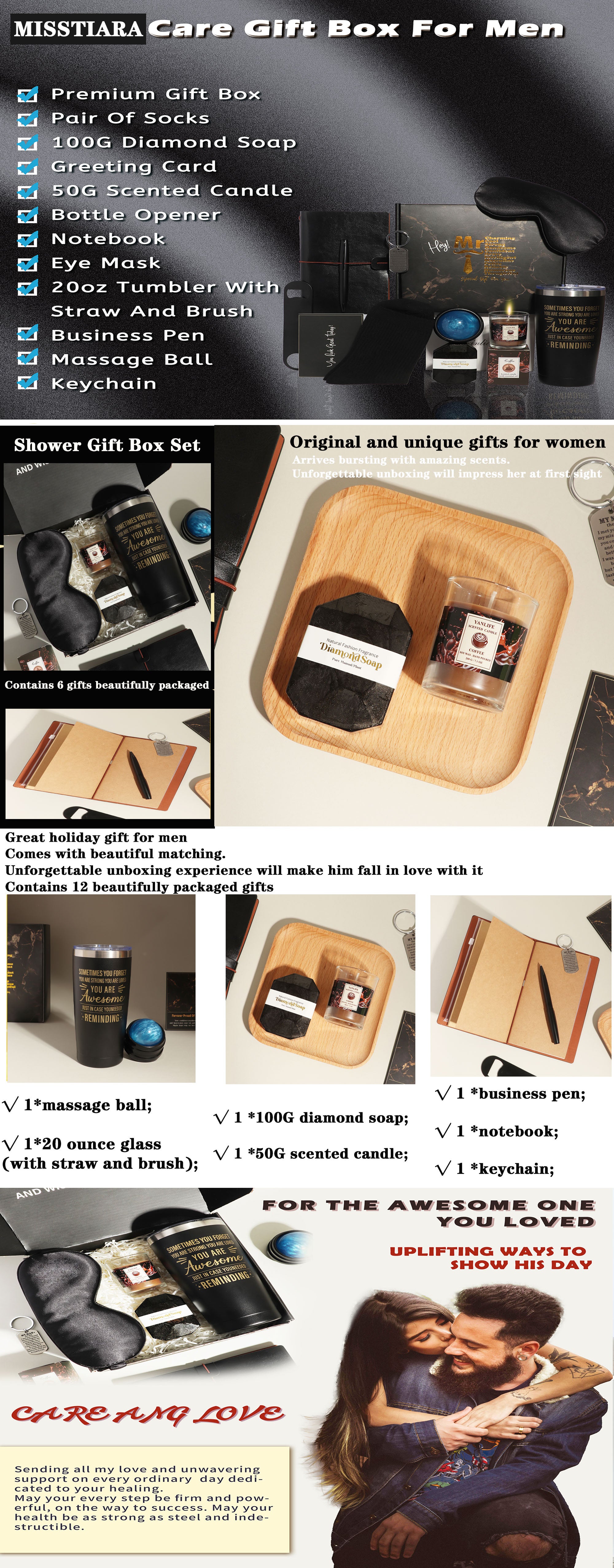 Gift Baskets for Men - Birthday Gift Box Set Contains 12 Items Inspirational Gifts Relaxing Spa Treatment Packages for Men Friendship Friend Gifts for Men