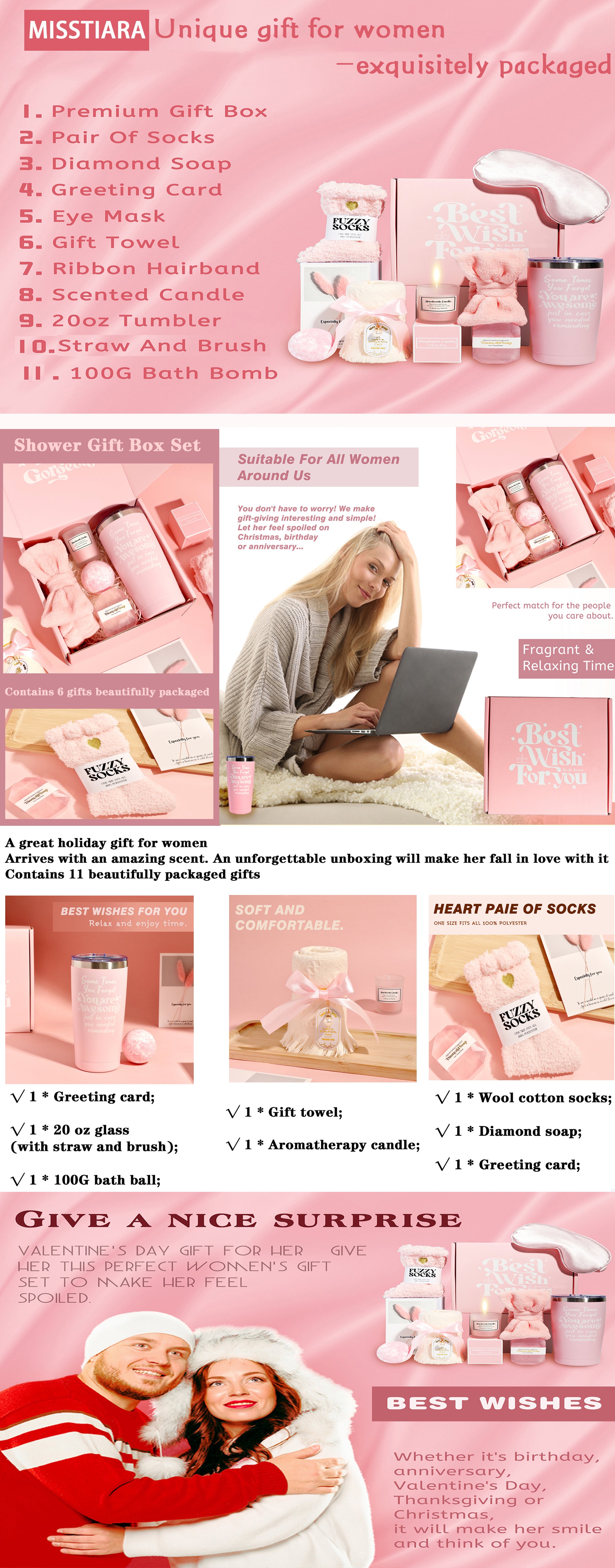Gift Basket for Women - Birthday Gift Box Get Well Soon Gift Set Contains 11 Inspirational Gifts Relaxing Spa Treatment Package for Women Bestie Friendship Female Friend Gift