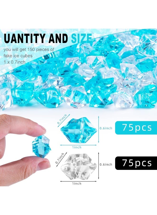 Premium Blue Fake Crushed Ice Rocks, 150 PCS Fake Diamonds Plastic Ice Cubes Acrylic Clear Ice Rock Diamond Crystals Fake Ice Cubes Gems for Decoration Wedding Display Vase Fillers by