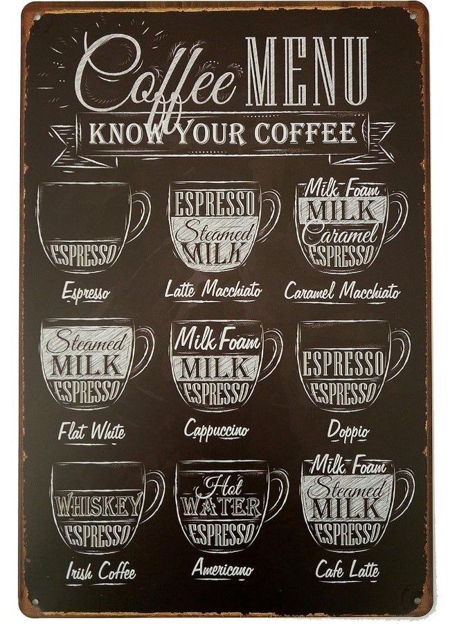 Coffee Menu Know Your Tin Sign Wall Retro Metal Bar Pub Poster 12 x 8