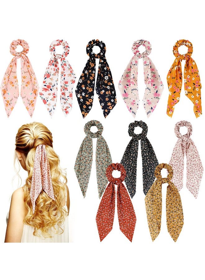 10 Pcs Hair Scarf Hair Scrunchies With Ribbon Chiffon Floral Hair Scarves Boho Elastic Floral Bow Hair Ties 2 In 1 Vintage Hair Accessories For Women Girls